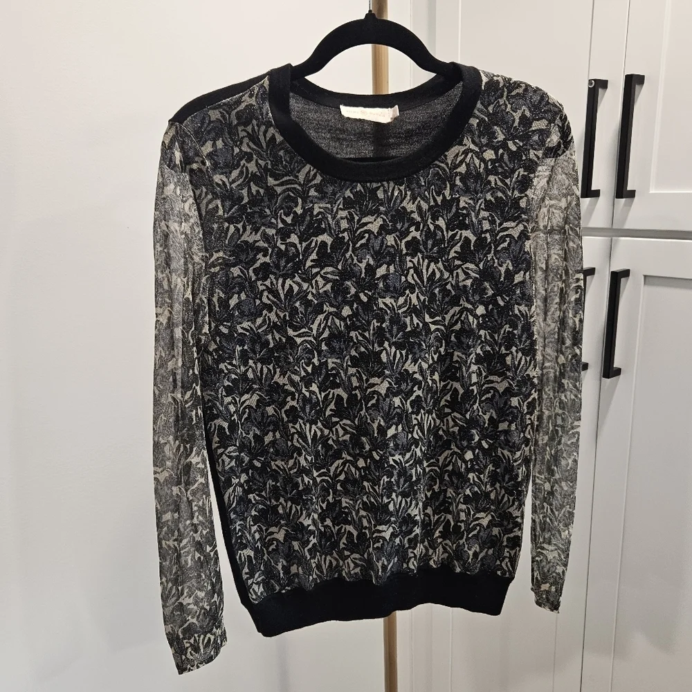 TORY BURCH HONOUR METALLIC-PRINT JACQUARD & KNIT SWEATER - Size Small
